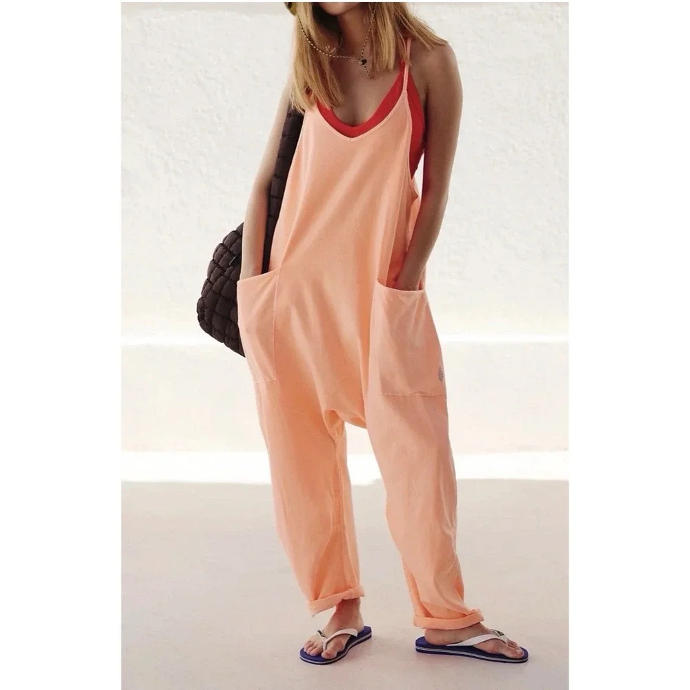 FP Movement Hot Shot Jumpsuit M Peach Boho Romper Pockets Racerback Yoga Comfy